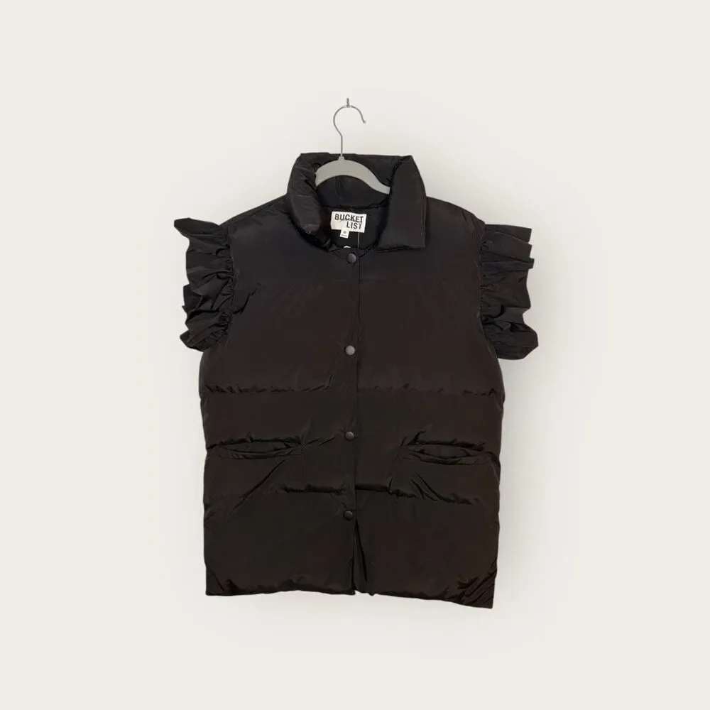 Bucket List Black Ruffle Sleeve Puffer Vest Size Medium NWT